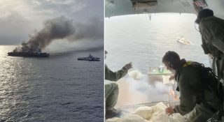 കപ്പലിലെ തീയണയ്ക്കാന് അതിസാഹസിക ദൗത്യം; പൗഡര് ബോംബിങ് നടത്തി വ്യോമസേന; ഉള്ക്കടലിലേക്ക് വലിച്ചു കൊണ്ടു പോകാനും ശ്രമം