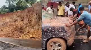 ദേശീയപാതയിൽ കാറിന് മുകളിലേക്ക് മണ്ണിടിഞ്ഞു വീണു; അധ്യാപിക രക്ഷപ്പെട്ടത് അത്ഭുതകരമായ്..