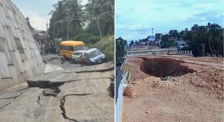 കൊല്ലത്ത് നിര്‍മാണത്തിലിരിക്കുന്ന ദേശീയപാത ഇടിഞ്ഞുതാഴ്ന്നു; സ്‌കൂള്‍ ബസ് അടക്കം കുടുങ്ങി